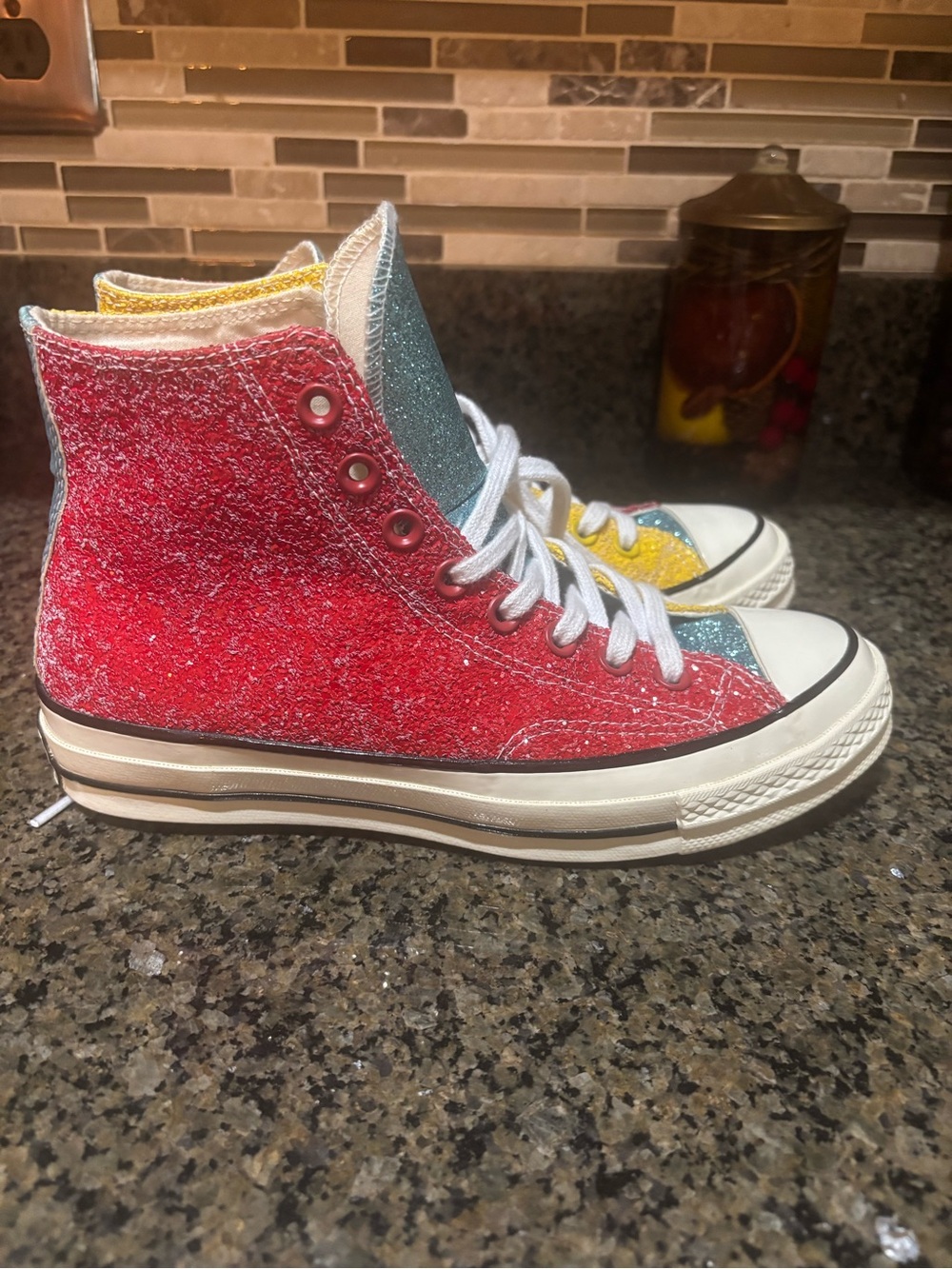 JW ANDERSON converse Glitter High-Top Sneakers in Teal, Yellow & Red
